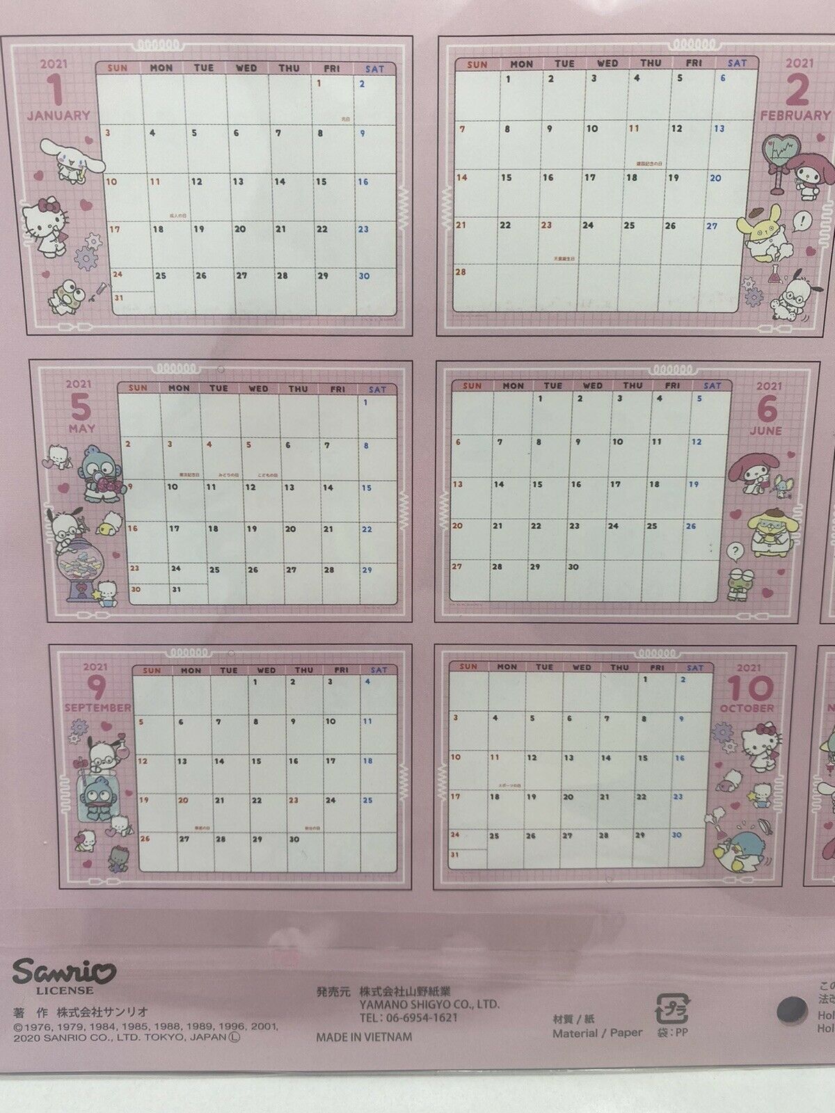 SANRIO CHARACTERS(Kitty, My Melody) Monthly Wall Calendar 2021 from Daiso Japan